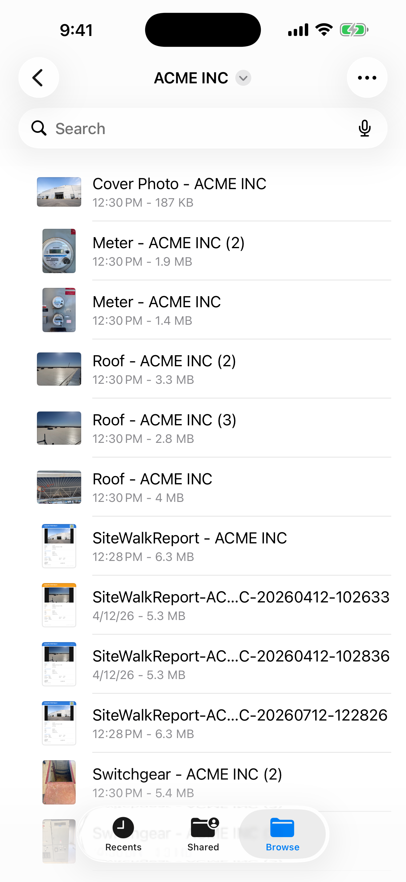Labelled Solar Site Walk photo and report files in Files