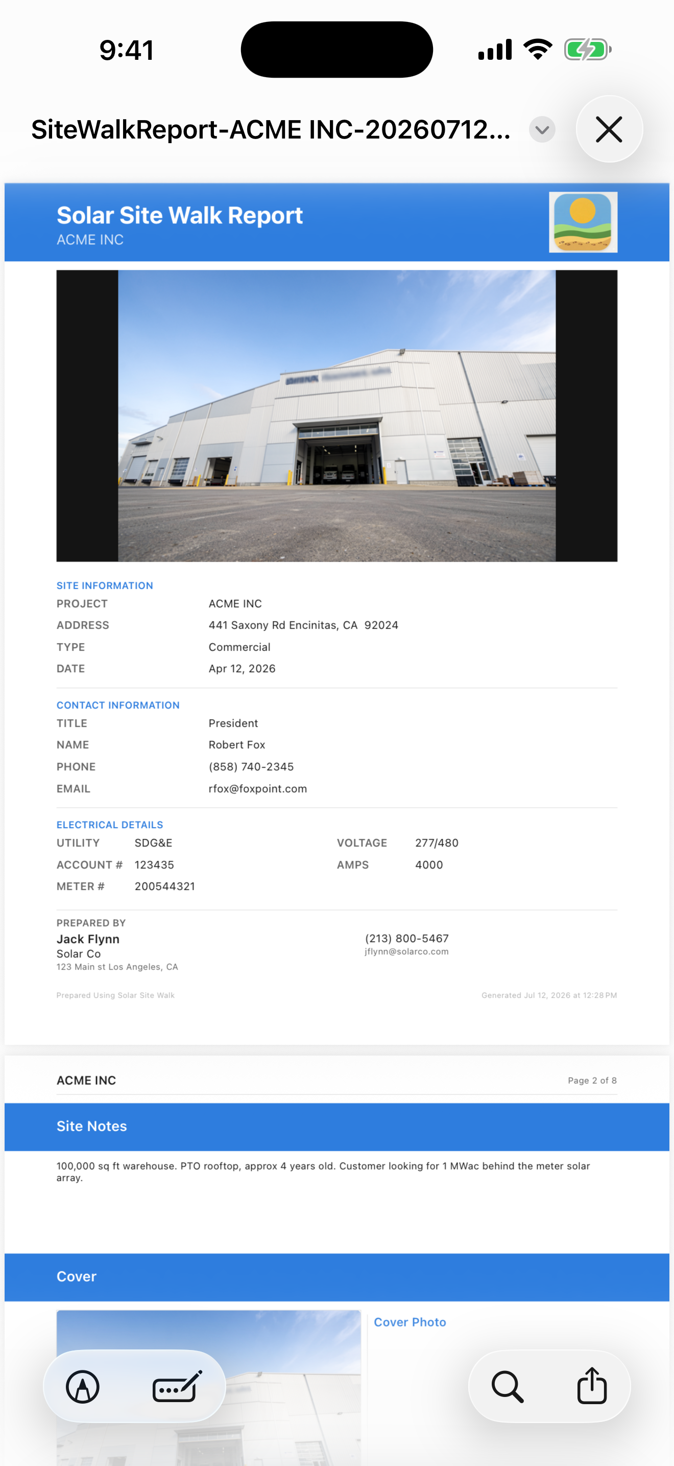 Generated Solar Site Walk PDF report